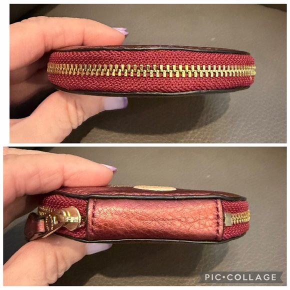 COACH Coin Purse Round Emoji Heart Glitter Bling Bordeaux Zip Wallet - Picture 4 of 5